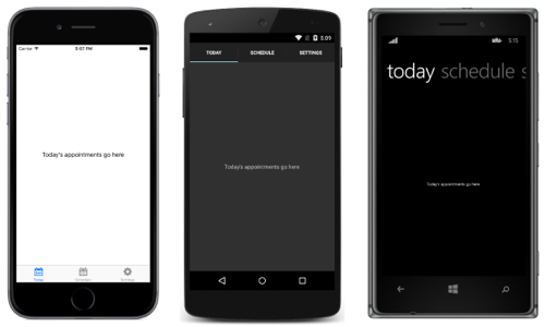 Xamarin.Forms TabbedPage - obrazovky iOS, Android a Windows