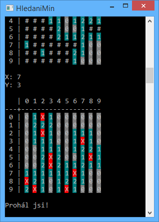 Hledání min v konzolové aplikaci